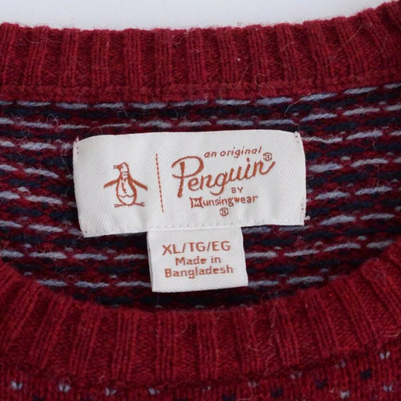 Penguin By Munsingwear Maroon And Navy 80% Wool Knit Crew Neck Sweater Size XL - Picture 8 of 9